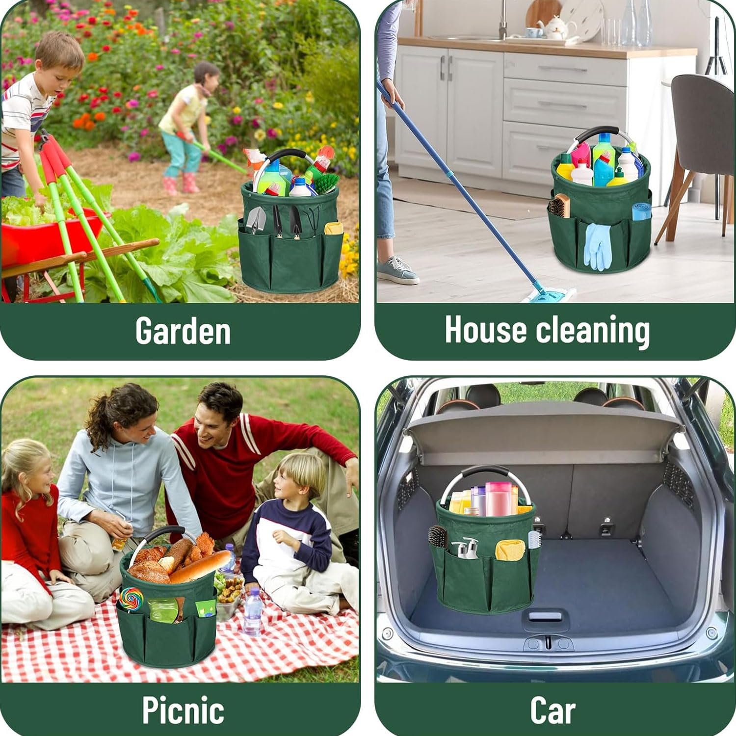 Contenitore per la Pulizie con Manico - Pieghevole, Borsa per Attrezzi da Giardino, con 6 Tasche Esterne, per Kit di Attrezzi da Giardino, Accessori per la Pulizia, Casa, Verde