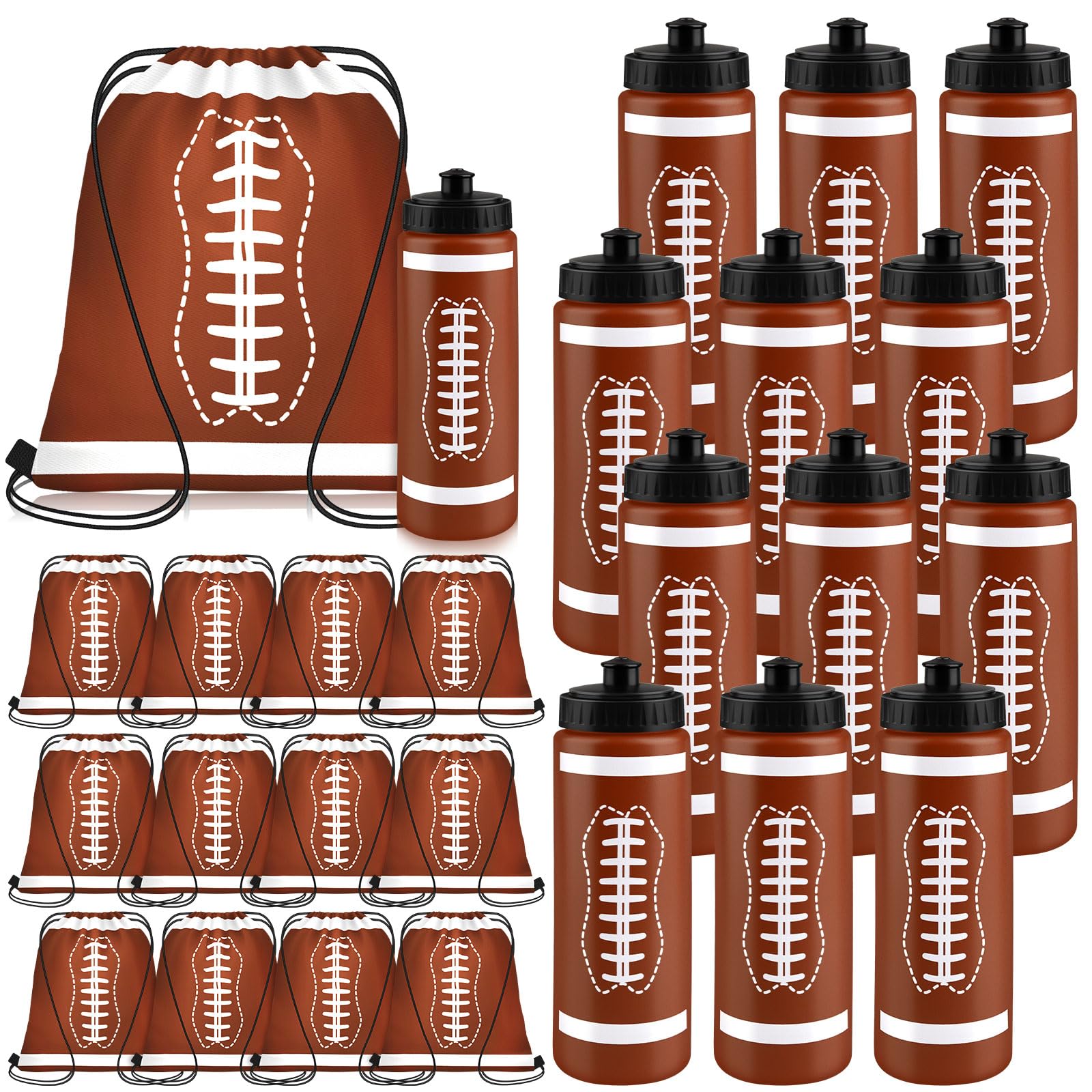 Denylo pro 12 Sets Football Water Bottle with Football Drawstring Bag Plastic Brown Water Bottles for Rugby Player Sports Games Gym Party Favor