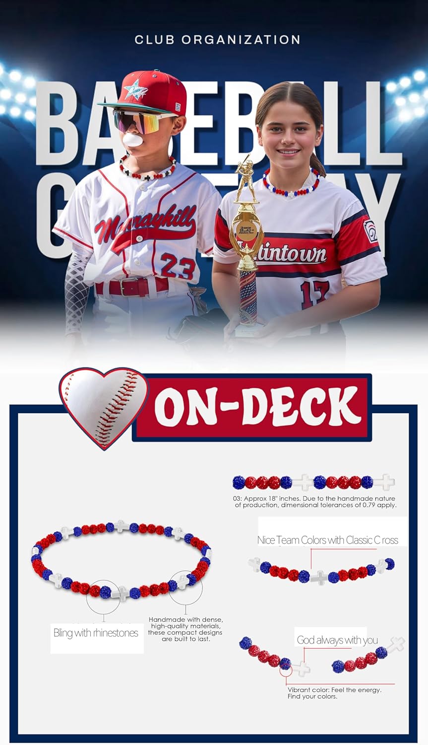 Beaded Baseball Necklace | Adjustable Sports Rope Chain with Baseball Cross Charm - Great Baseball Drip Gift for Players and Fans - Image 3