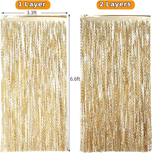 Miniatura 6 de Paquete de 4 cortinas onduladas con flecos de oropel metálico dorado champán, telón de fondo de flecos de papel de aluminio de 3.3 x 6.6 pies para