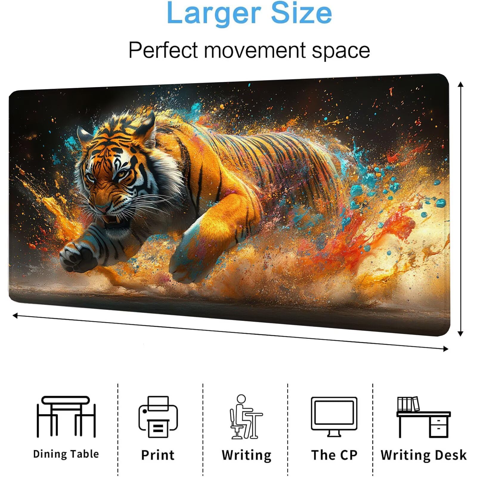 Podkładka pod mysz dla zwierząt XXL tygrys 1600 x 800 x 4 mm podkładka pod mysz do gier, duża wodoodporna antypoślizgowa podkładka na biurko, podkładka pod mysz szyte krawędzie dla graczy, komputer,