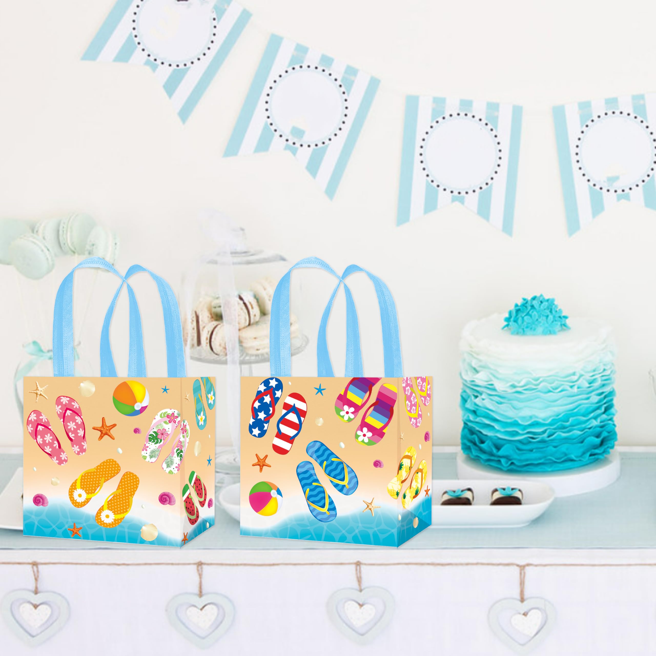 C L cooper life 12pcs Beach Flip-Flop Gift Treat Bags with Handles Summer Party Grocery Shopping Bags Flip-flop Beach Ball Theme Non-Woven Bag for Hello Summer Birthday Party Supplies