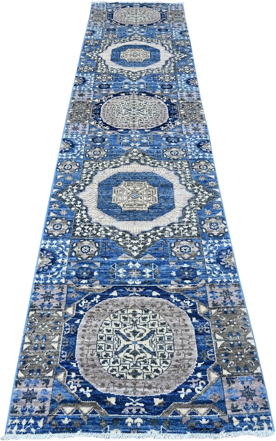 Aryana Collection Hand Knotted Runner Rug, Blueberry Blue, Mamluk Design, Wool, 2'7" x 11'9