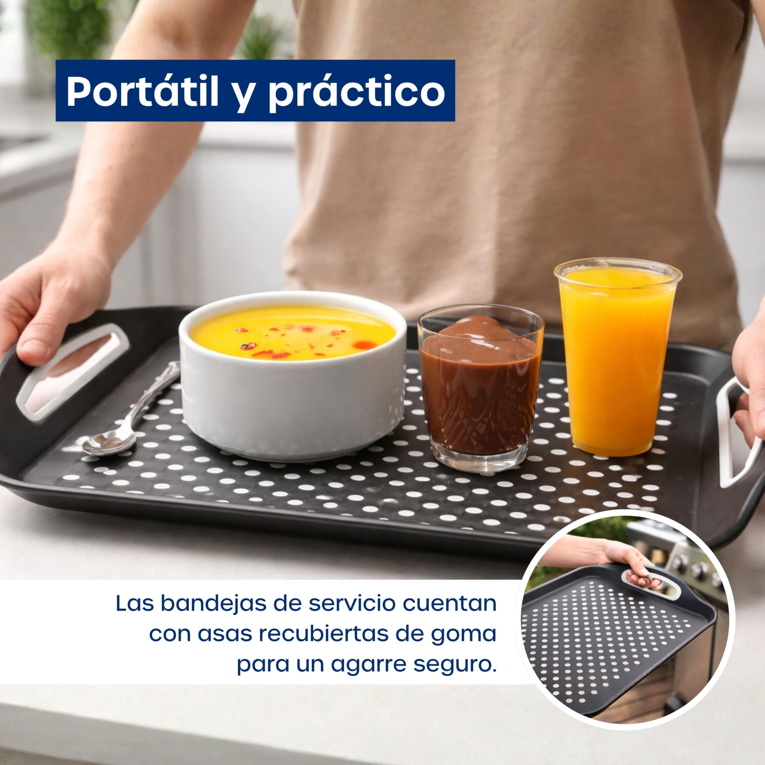 volila Bandeja antideslizante de plástico antideslizante para comer con asa (41 x 29 x 4,5 cm) - Bandejas de comida para comer, té o café, color blanco