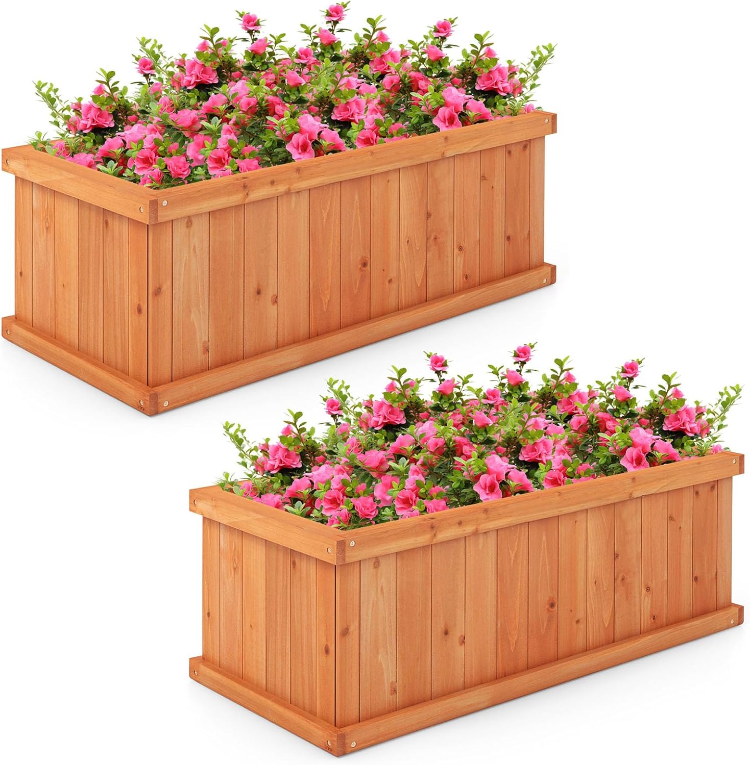 Giantex Raised Garden Bed Set of 2, 31”x14”x12” Wooden Elevated Planter Box with 4 Drainage Holes & Detachable Bottom Panels, Flower Bed, Rectangular Plant Container for Vegetables, Herbs & Fruits