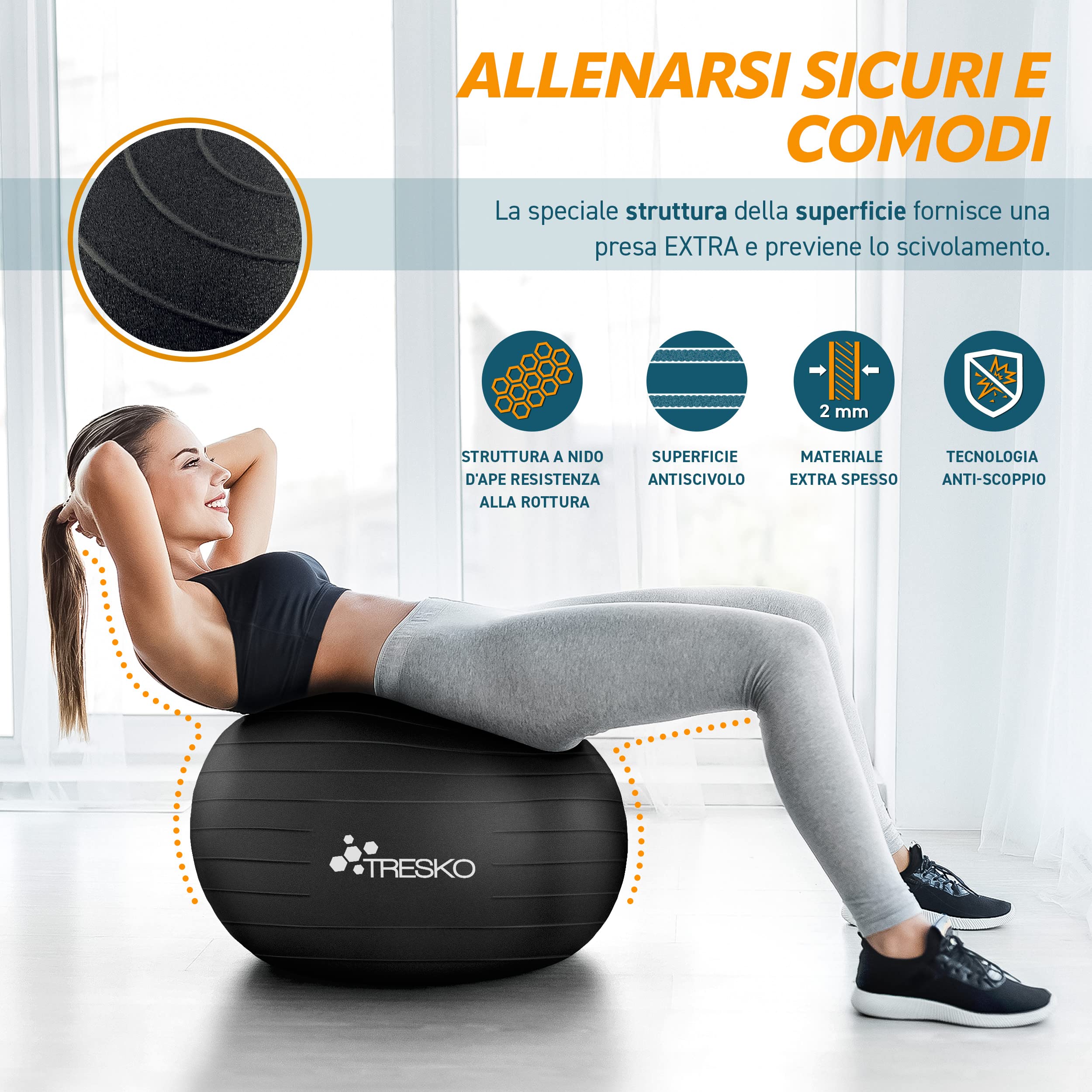 TRESKO Palla Fitness, Palla Pilates Anti-Scoppio 55cm/65cm/75cm/85cm Palla da Ginnastica con Pompa Rapida per Fitness Yoga e Pilates