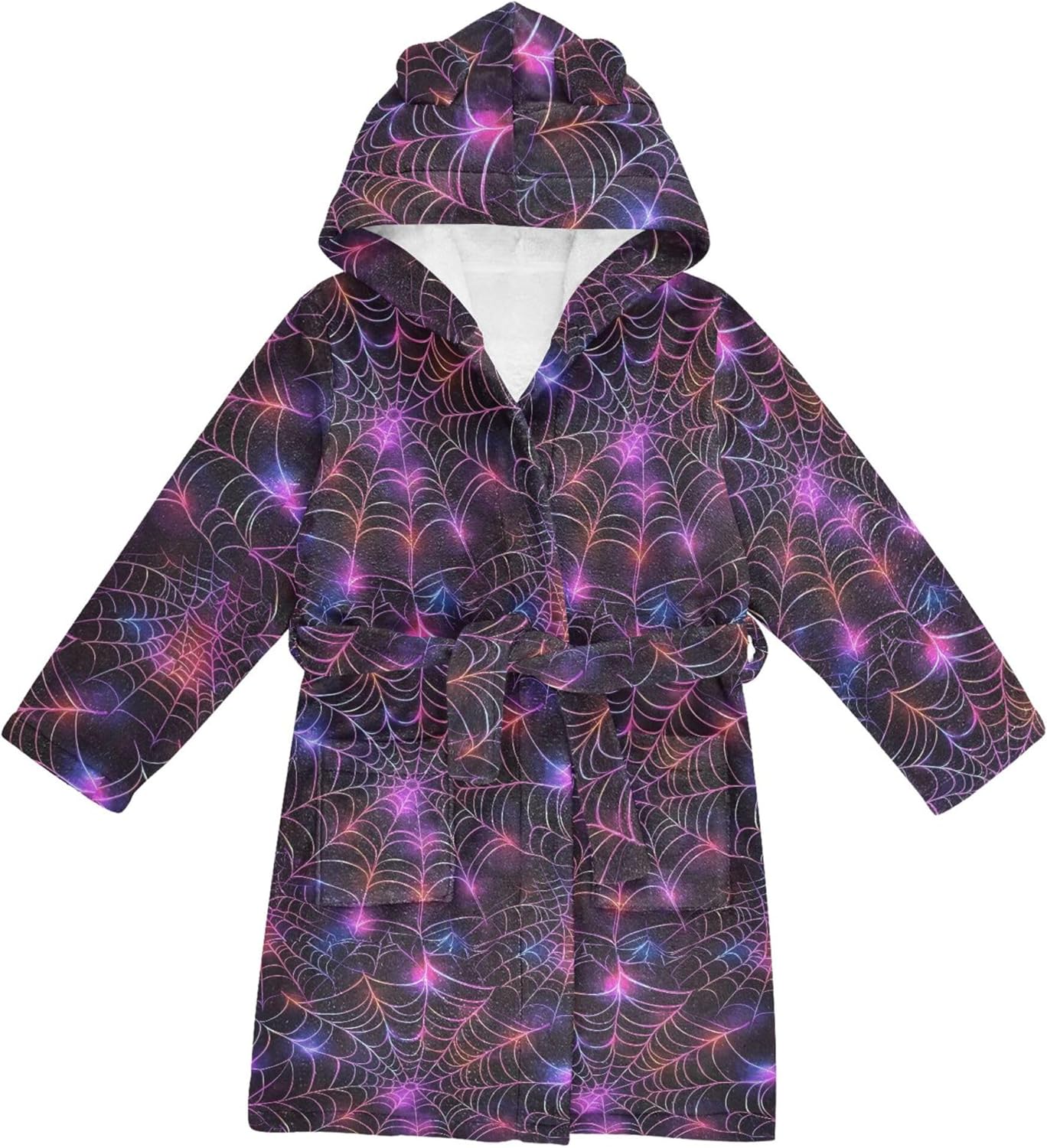 Spiderweb Pattern Halloween Bathrobe Hooded PJ Robe Soft Fleece Robe Pajama Sleepwear 2-12 Years