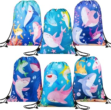 Spiareal 18 Pack Summer Shark Party Drawstring Backpack Ocean Animal Theme Gift Bags Cartoon Sea Animal Birthday Goodie Bags Bulk for Kids Girls Birthday Baby Shower Supplies
