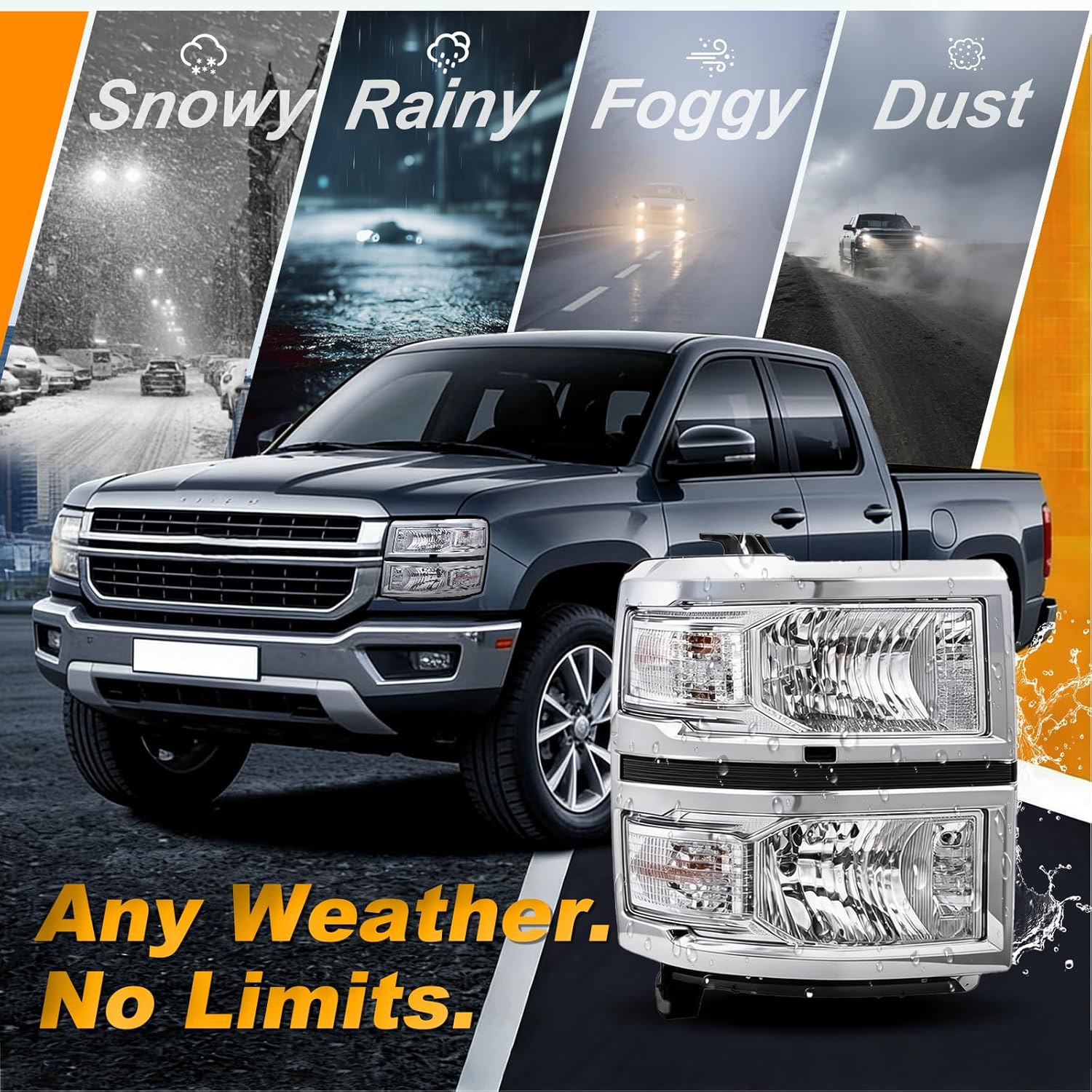 Headlight Assembly Compatible with 2014-2015 Chevy Silverado 1500 Headlights Headlamps Left+Right 14-15 Lights (CHROME FRAME+CHROME INNER+WHITE SIDE)