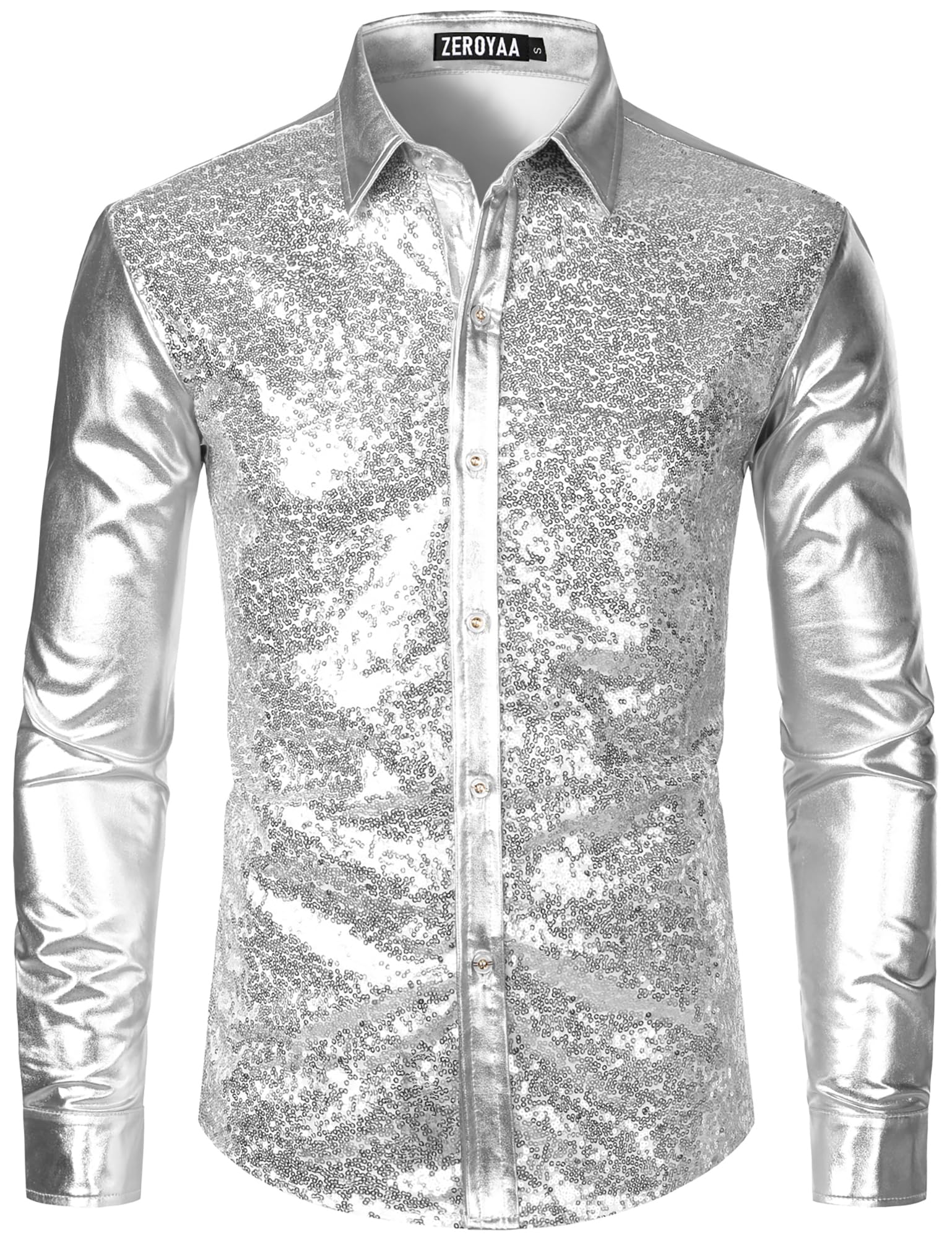 ZEROYAA Men's Shiny Metallic Sequin Shirt