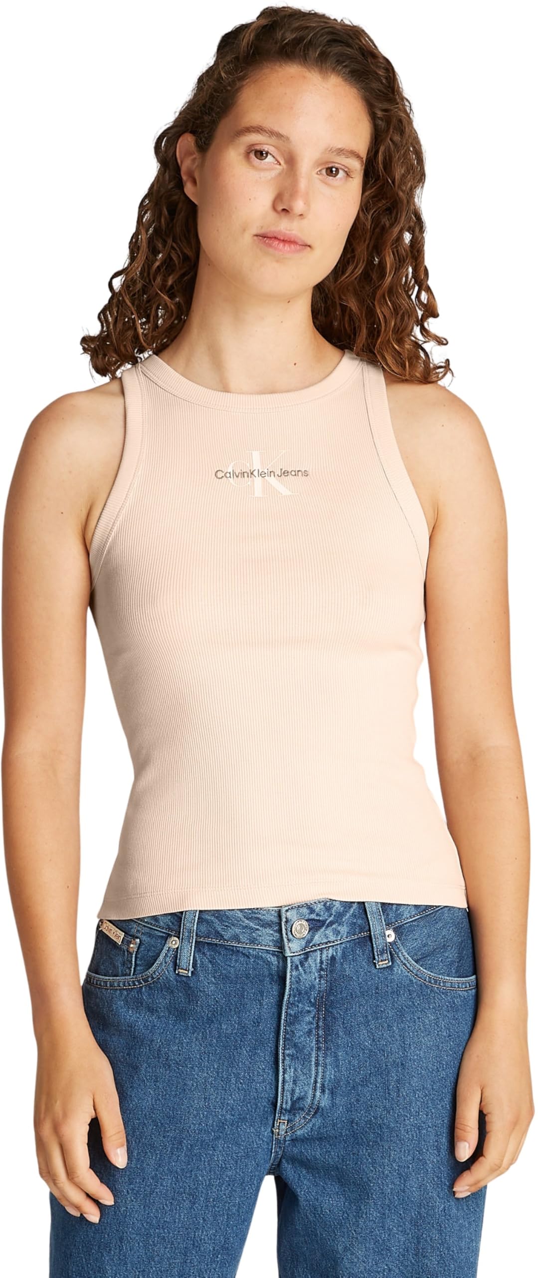 Calvin Klein Damen Tank Top Monologo Rib Skinny Fit, Beige (Brazilian Sand), XXS