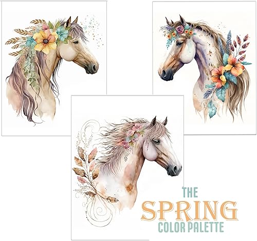 Miniatura 2 de Arte de pared de caballos de colores primaverales, impresiones de pintura de animales, 8.5 x 11 pulgadas, listo para colgar, 3 paneles, caballos
