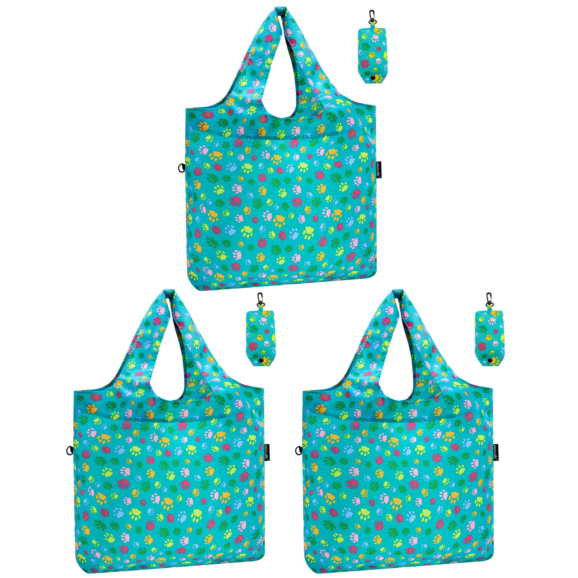 HOLYLUCK Reusable Grocery Bags,Heavy Duty Foldable Shopping Tote Bag (Standard, 3 Green Dog Paw Prints)