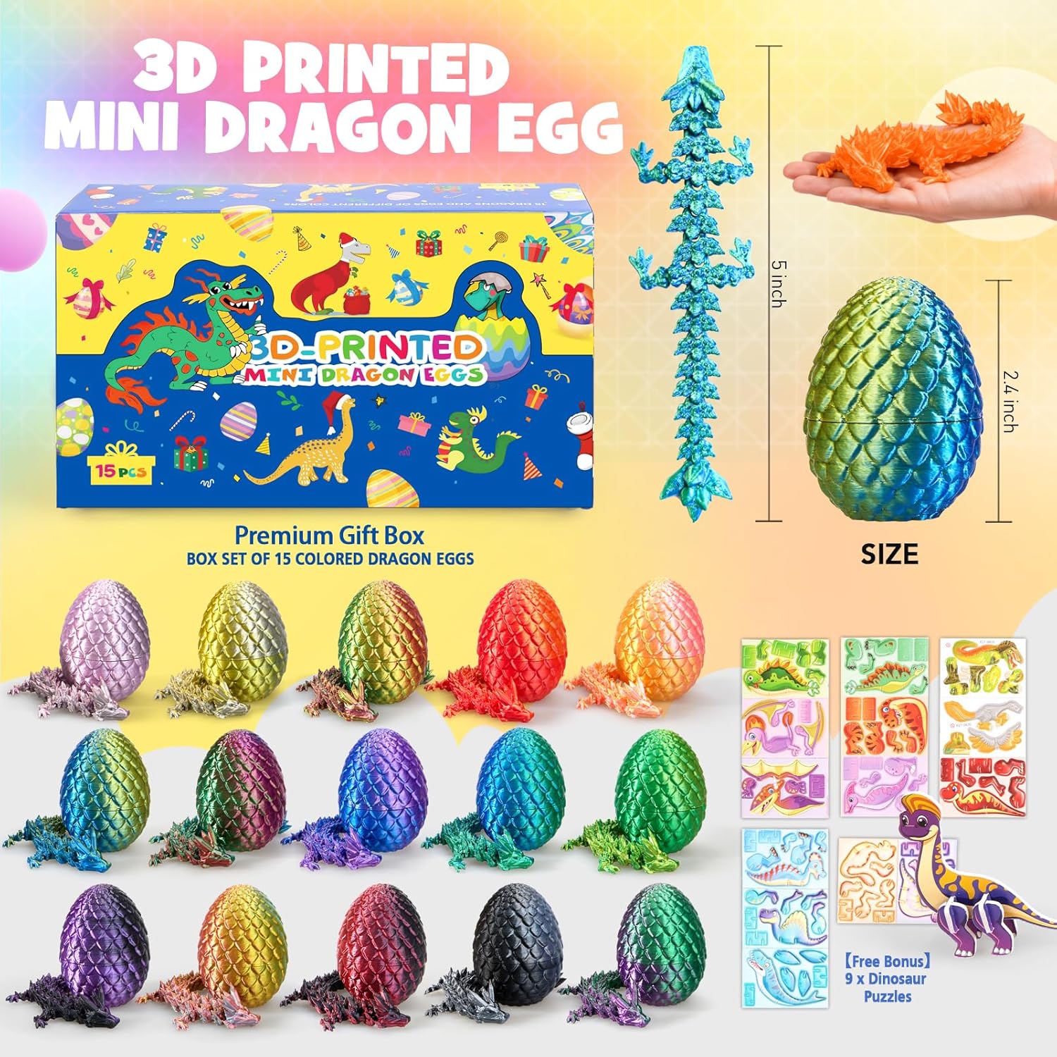 15PCS 3D Printed Dragon Egg,3D Dragon Eggs Set with Display Stand,Mini Dragons Eggs Set Fidget Toy,DIY Craft Kit,Dino Eggs for 5-7 4-6 8-12 Year Old Boys Girls