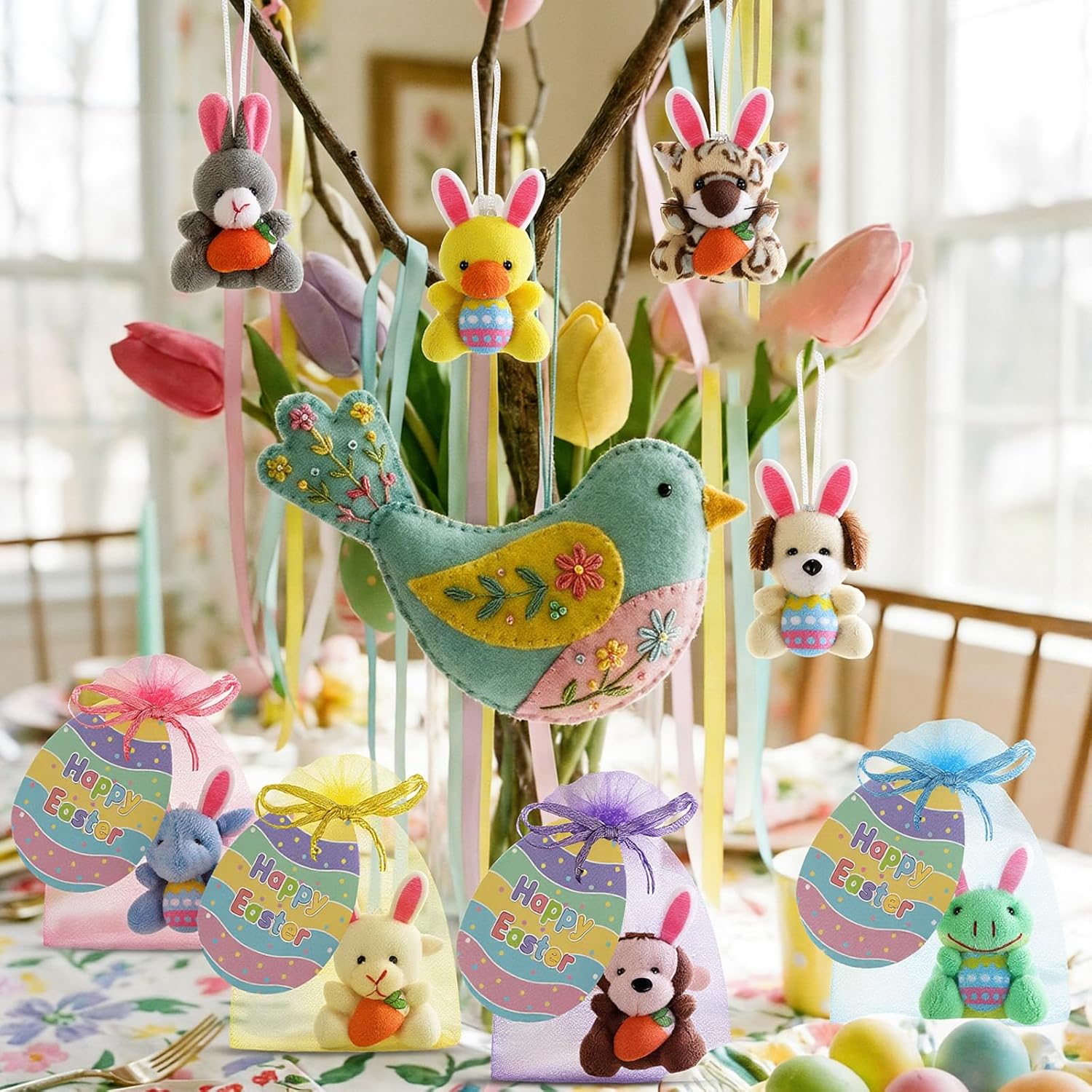 Wiwiqing 72 Pcs/ 24 Set Easter Mini Stuffed Animals Small Easter Egg Hunt Plush Doll Tiny Bunny Ear Soft Keychain with Gift Cards Bags for Party Favors Classroom Exchange Gifts Basket Stuffers Prizes