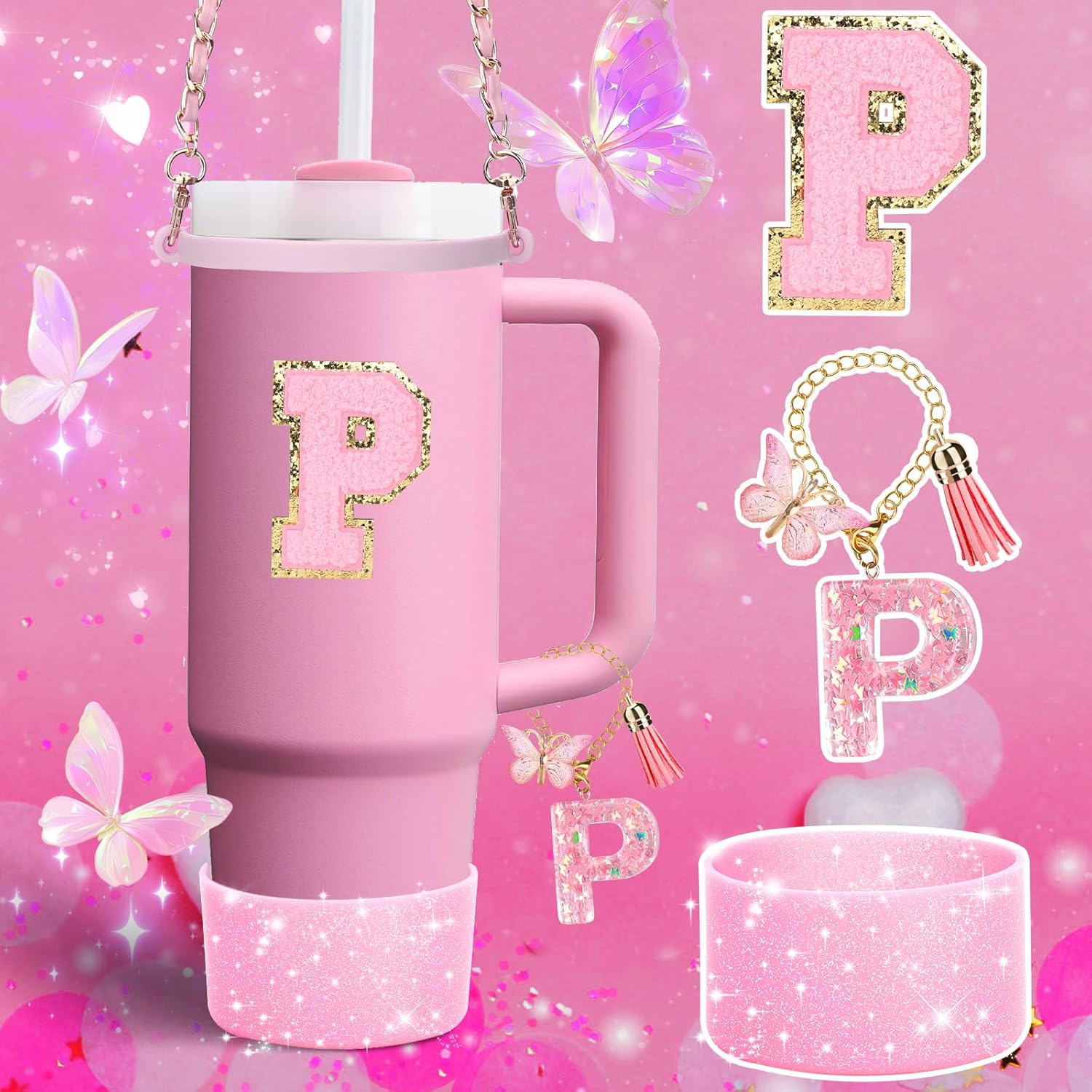 Mity rain 9PCS Pink Cup Accessories Set for Stanley Cup 30oz 40oz tumbler with handle - Includes Strap,Straw Bow Decorate,Straw Topper,Boot,Spill Proof Stoppers,Handle Charms,Sticker (Initials P) - Image 5