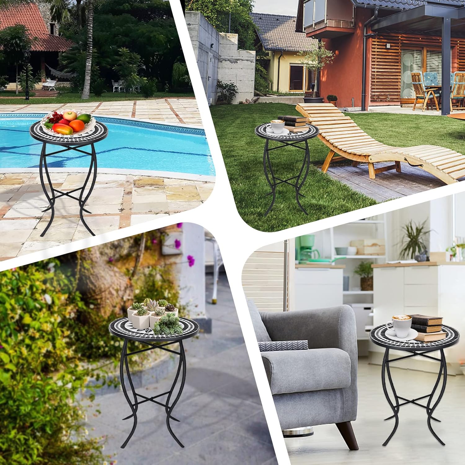 VCUTEKA Mosaic Outdoor Side Table, 14" Round Small Patio Accent Table Indoor End Table for Yard, Garden, Living Room, Bistro Balcony or Lawn Black