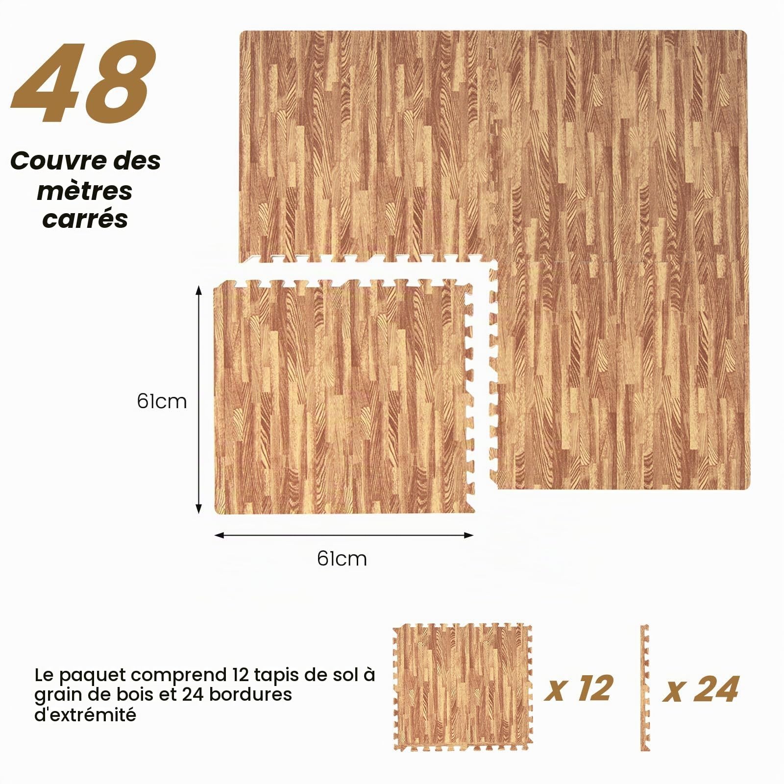 LIFEZEAL 12 Tapis de Gym en Caoutchouc EVA Effet Bois Antidérapant | Matelas Puzzle Fitness Résistant avec Absorption des Chocs, Nettoyage Facile, Protection du Sol pour Salle de Gym à Domicile