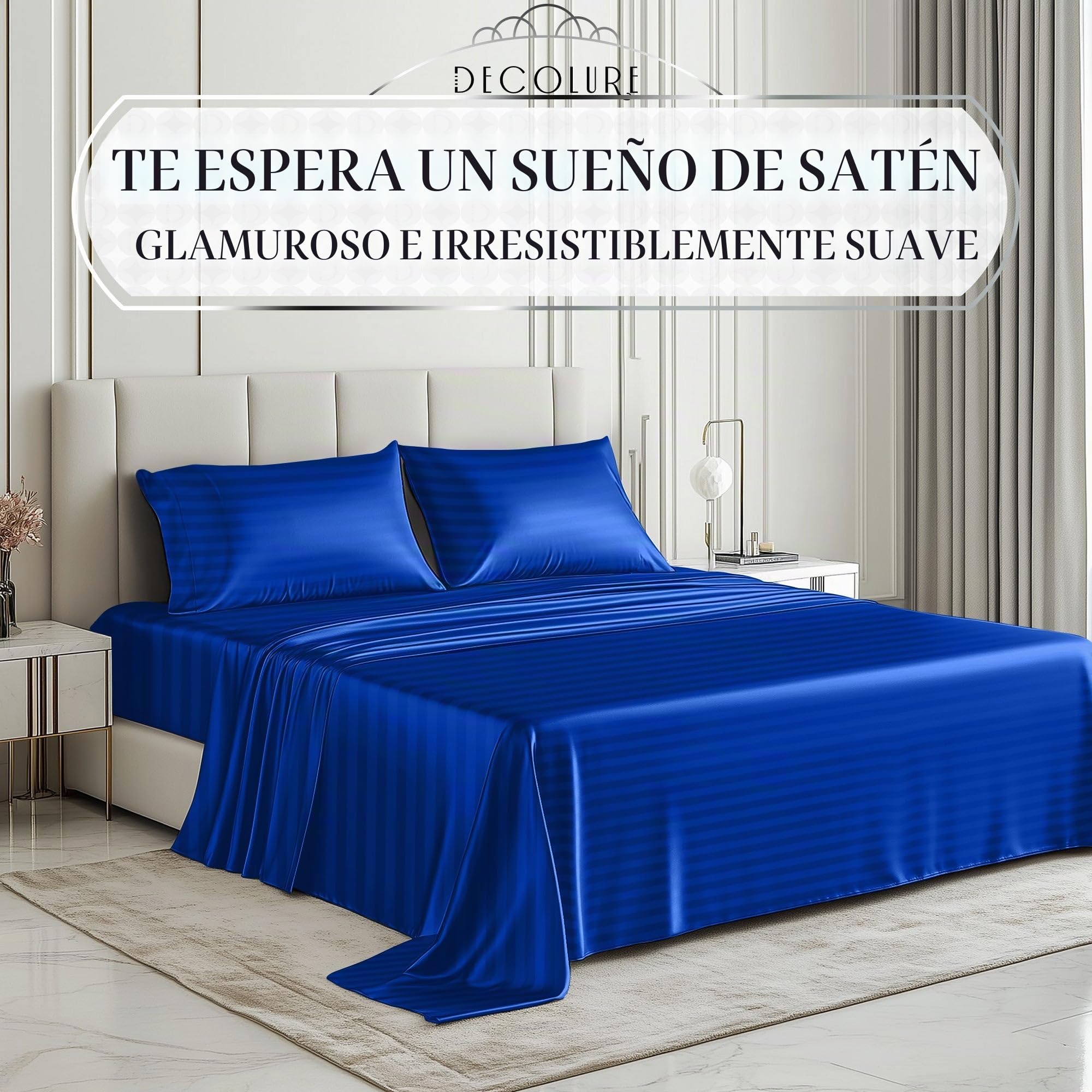 DECOLURE, Juego de ropa de cama sedosa de satén de lujo de 4 piezas, sin arrugas, con sábana bajera de 40 cm de profundidad, perfecto para cabello y piel, tamaño king, regalos para mujer, rayas azules