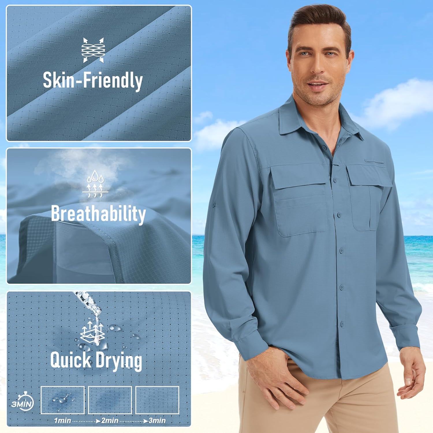 Men's Long Sleeve Fishing Shirts UPF 50 Sun Protection, Quick Dry Work Shirts for Hiking Camping Safari - Image 3