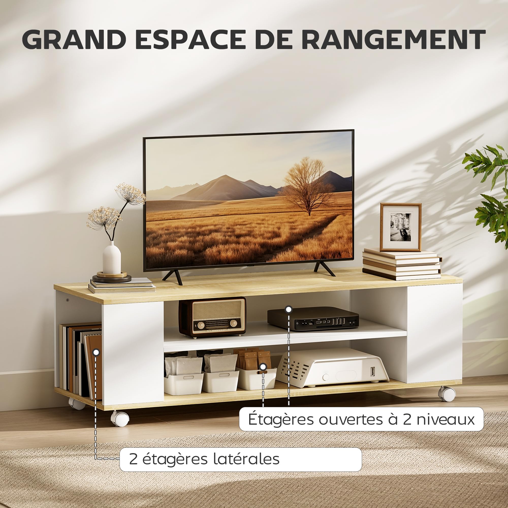 HOMCOM Mobile TV con ruote da 120 cm, mobile TV per TV fino a 55 pollici con 2 ripiani aperti, stile moderno, montaggio a pavimento/parete, panca TV per soggiorno, camera da letto, bianco e legno