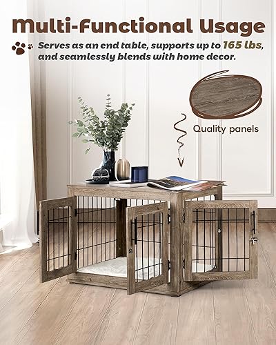 Miniatura 5 de Muebles de jaula para perros, jaulas medianas de 32 pulgadas con alfombrilla de cama, muebles de madera para perreras, mesa auxiliar para perros con
