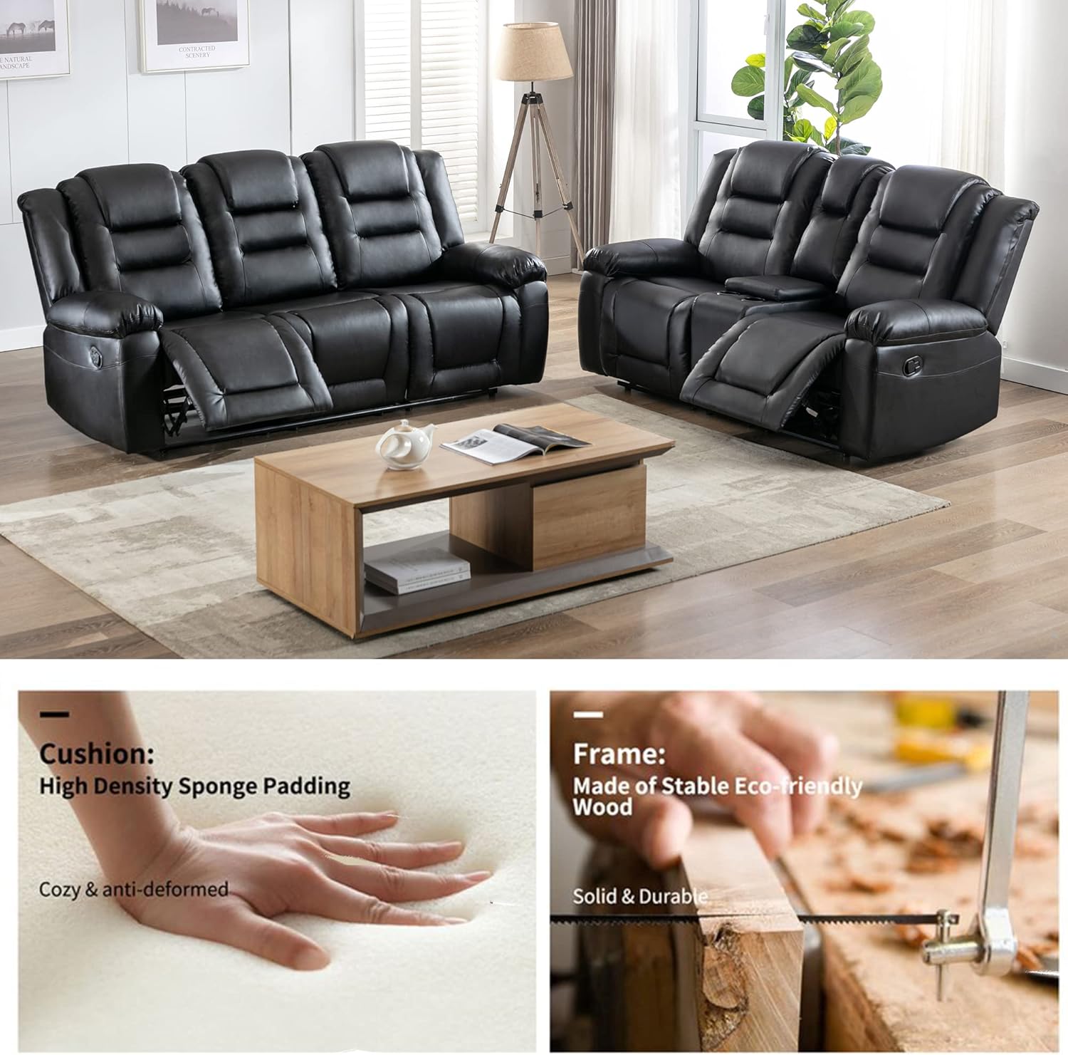 KAZIO Manual Leather Recliner Sofa Set, Living Room Furniture Set,Leather Sofa Set and Recliner Couch for Home/Office KAZIO Manual Leather Recliner Sofa Set, Living Room Furniture Set,Leather Sofa Set and Recliner Couch for Home/Office