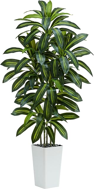 Arbre de Dracaena artificiel:6FT Faux soie Tropical Yucca Planchers Réaliste Fausse plante verte avec le tronc en bois naturel & Feuilles de vie pour le bureau intérieur Decor & A l'extérieur (6FT,1-Pack,Blanc)