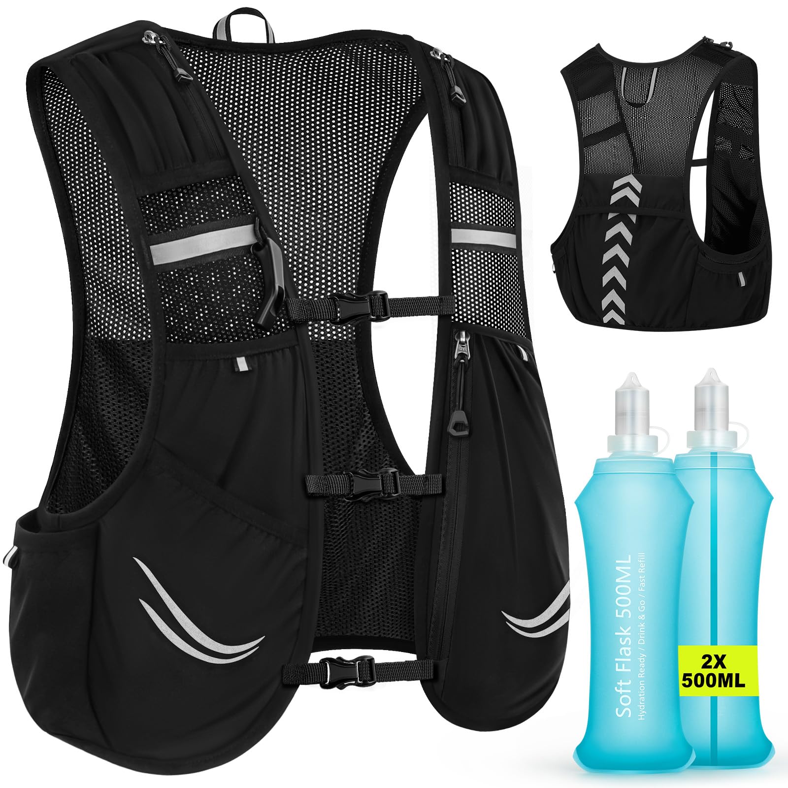 Charmofun Zaino Trail Running, Gilet Running Uomo e Donna, Zainetto Running Leggero con Borraccia Morbida 2 Pezzi 500ml, Zaino Idratazione per Corsa, Ciclismo, Maratona, Alpinismo