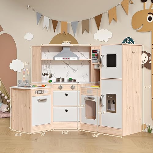 Miniatura 7 de Cocina de juego de madera para niños con luces y sonidos realistas, almacenamiento inteligente, máquina de hielo de simulación, fregadero, estufa,