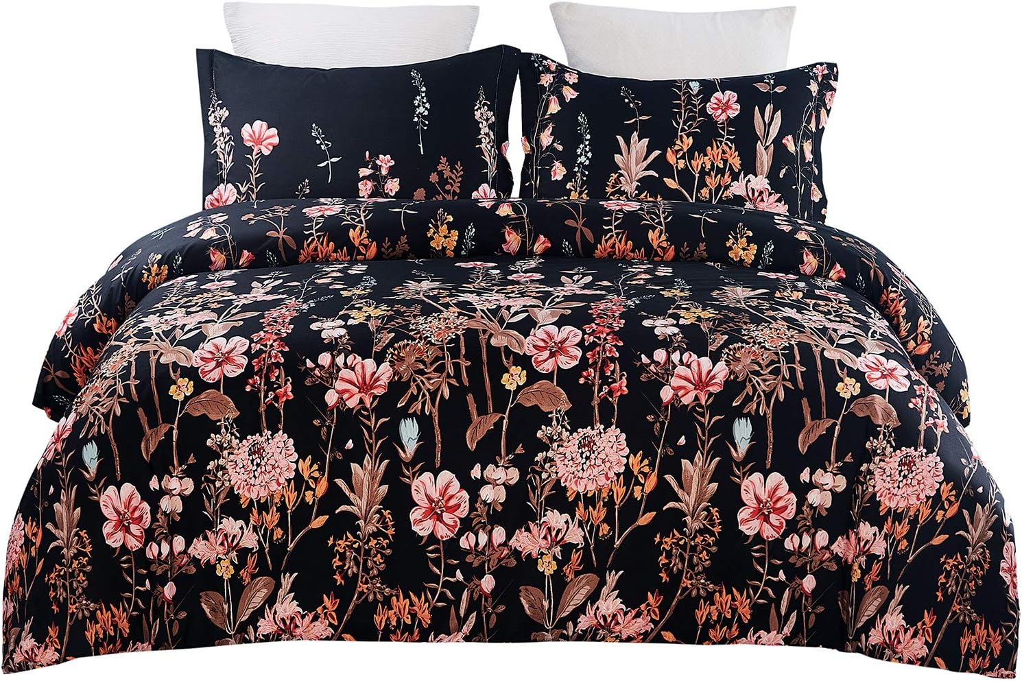 YEPINS Soft Microfiber Duvet Cover Set with Zipper Closure, Print Floral Pattern Design, Black and Pink Colour- King Size(230X220cm)