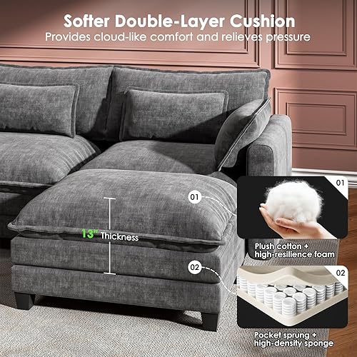 Miniatura 5 de Marsail Sofá modular modular de 110.6 pulgadas en forma de U, moderno y cómodo sofá nube, sofá de felpilla de 5 asientos con almohada decorativa y