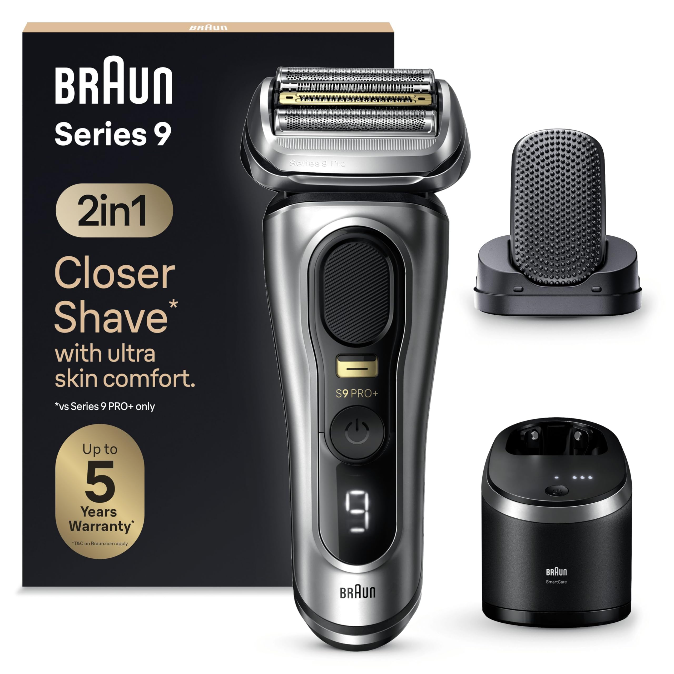 Braun Series 9 PRO+ 9597cc, Rasoir Électrique Pour Homme, Système 2-​En-​1 Avec Tête De Massage ProComfort Pour Pré-​Rasage, Station SmartCare, Étanche, 60 Min D'autonomie, Fabriqué En Allemagne, Argent