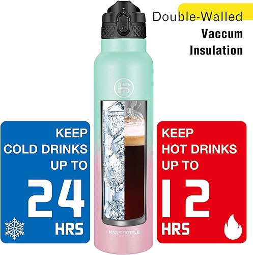 Miniatura 6 de Han's Bottle Botella de agua deportiva de 32 onzas, tapa con pajilla, a prueba de fugas, acero inoxidable aislado al vacío, doble pared, taza