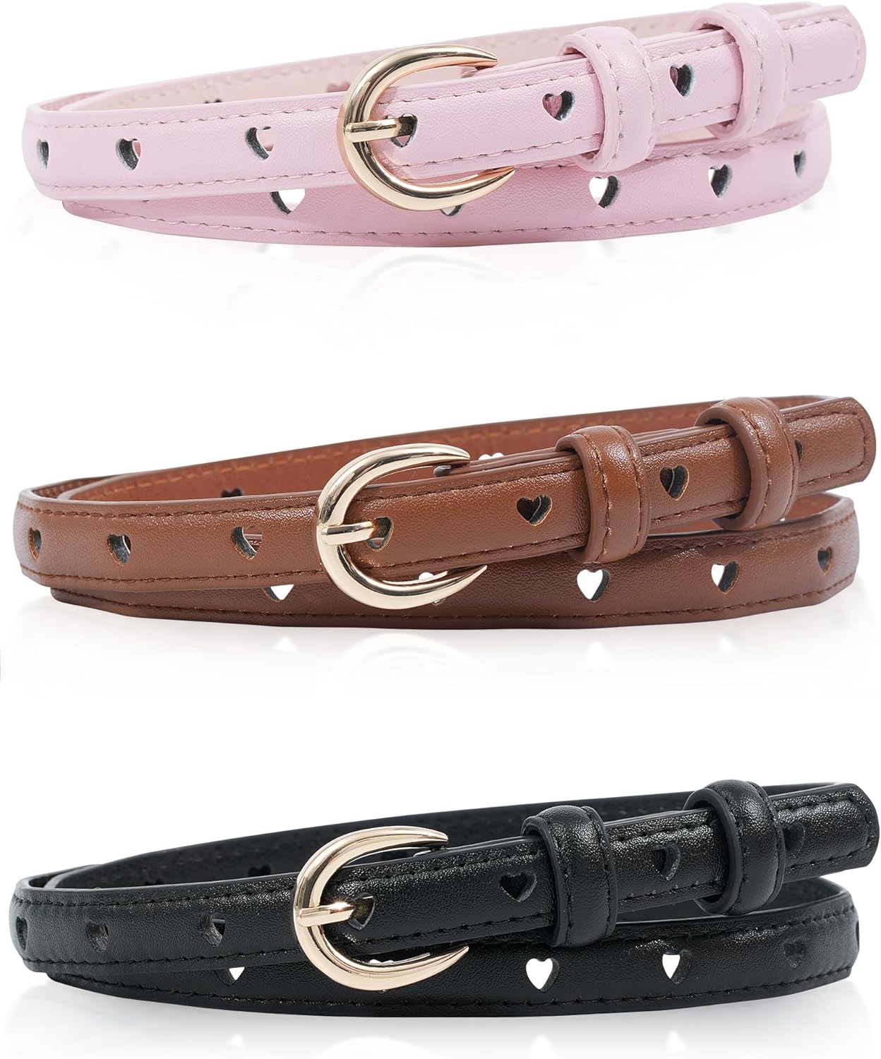 Kajeer Girls Belt 4/3 Pack, kids Leather Belt Pu Cute Gold Round Buckle Heart Hole Youth Toddler Belt for Uniform Casual