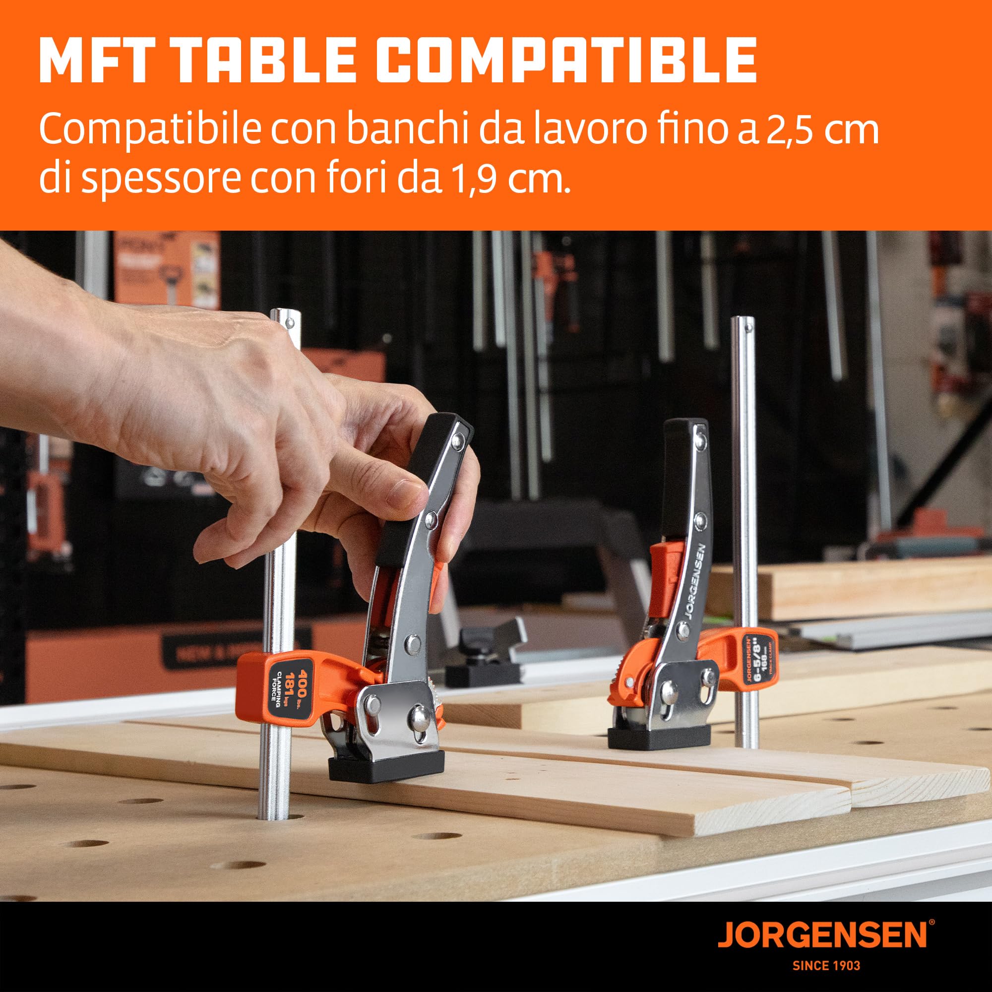 JORGENSEN Set da 2 Morsetti da Falegname, Morsetto a Leva Guida per Binari, con Blocco di Sicurezza, Forza di Serraggio fino a 181 kg, Apertura Max 168 mm