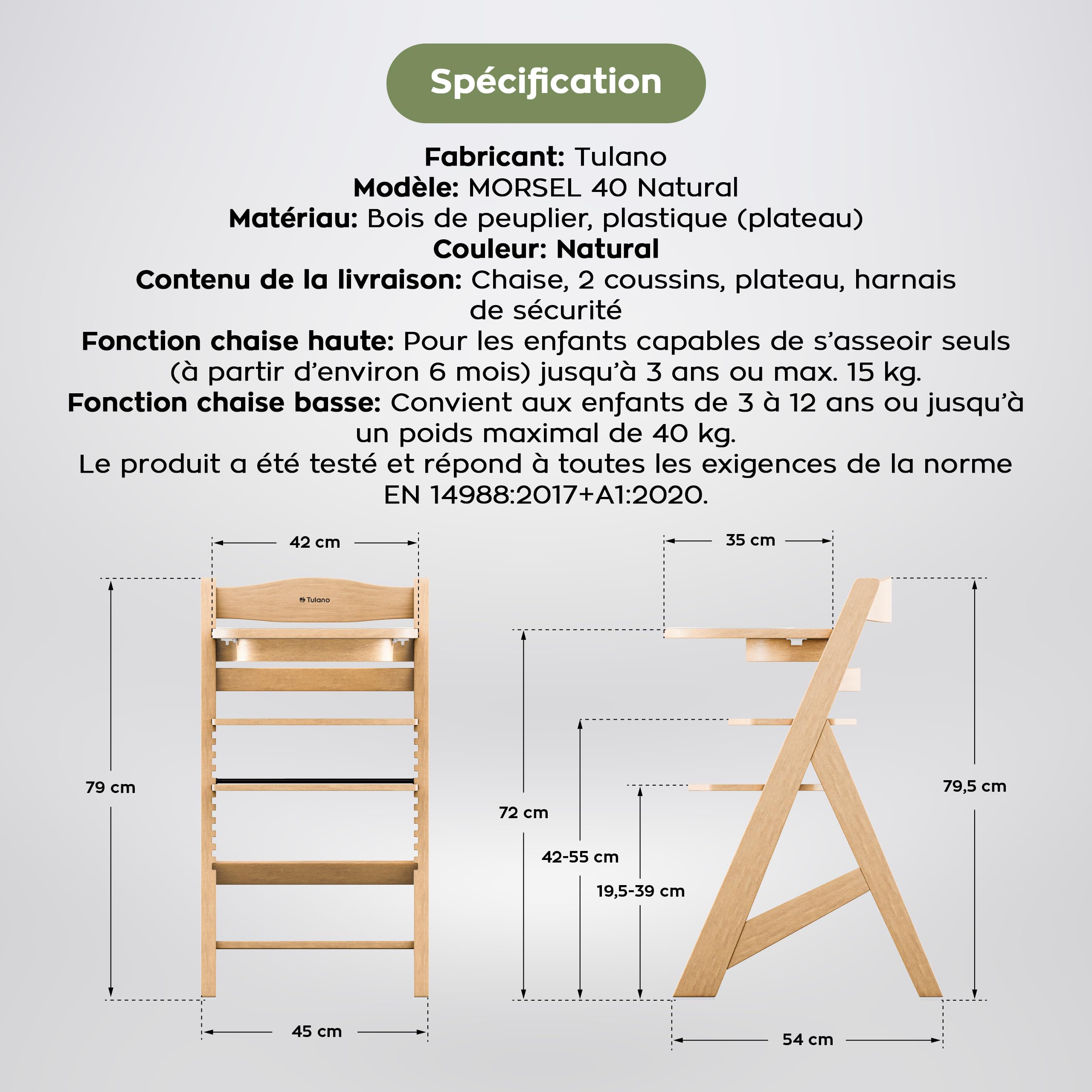 TULANO Morsel 40 Chaise Haute Évolutive 4en1 Bébé et Enfant | Réglable 12 Niveaux | Plateau Amovible | Coussin Imperméable | Harnais Sécurité | De 6 Mois à 12 Ans | Bois Naturel