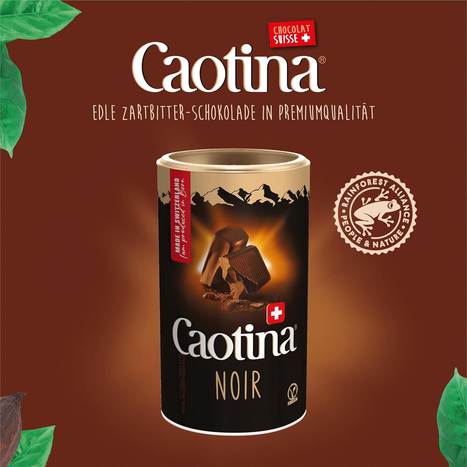 Caotina Noir, chocolate negro para beber, cacao en polvo con el mejor chocolate negro suizo, chocolate caliente sostenible y certificado, 1x500g