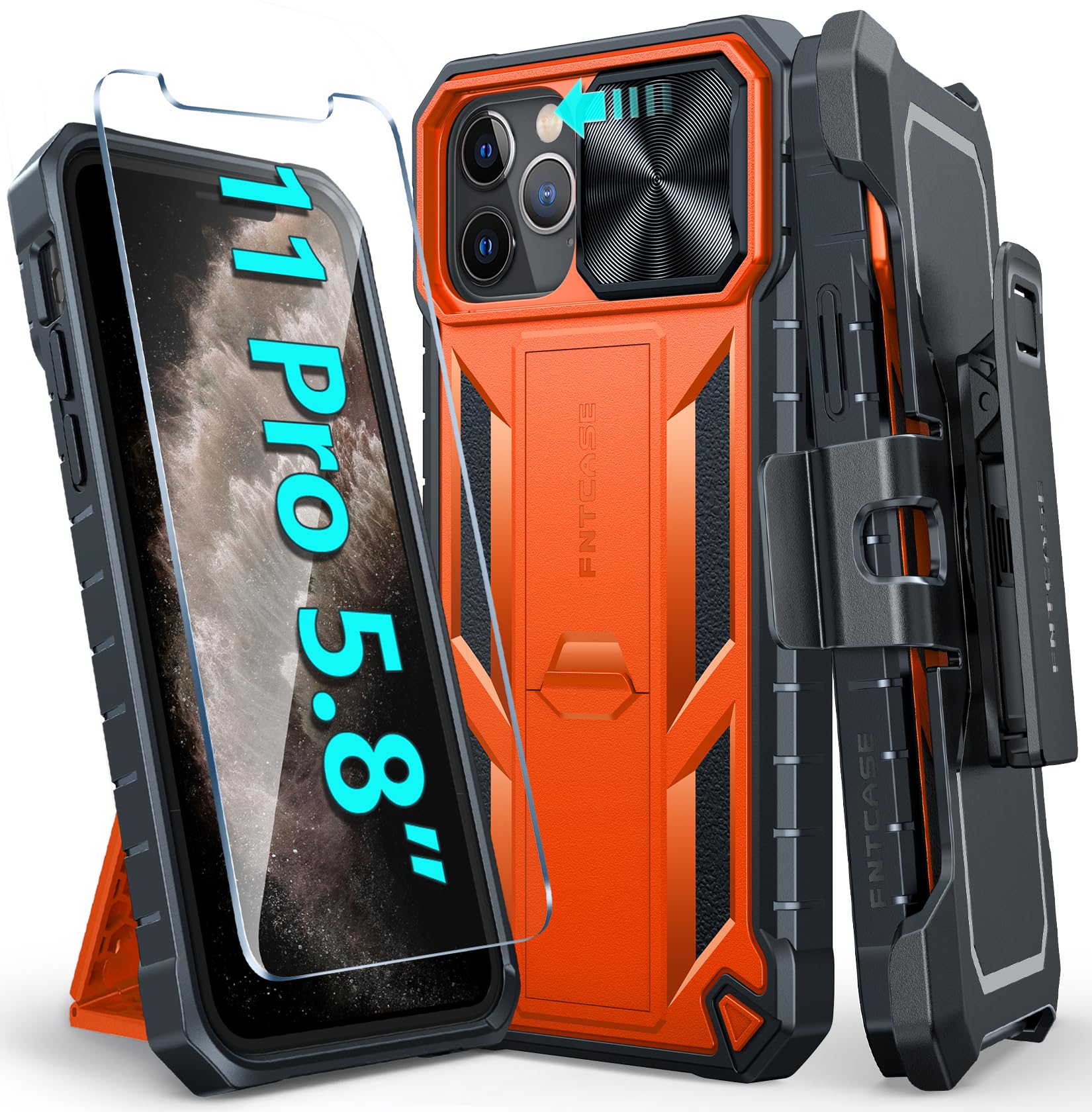 FNTCASE for iPhone 11-Pro Protective Case: Military Grade Drop Proof Protection Rugged 11Pro Cell Phone Cover with Belt Clip Holster Kickstand & Slide