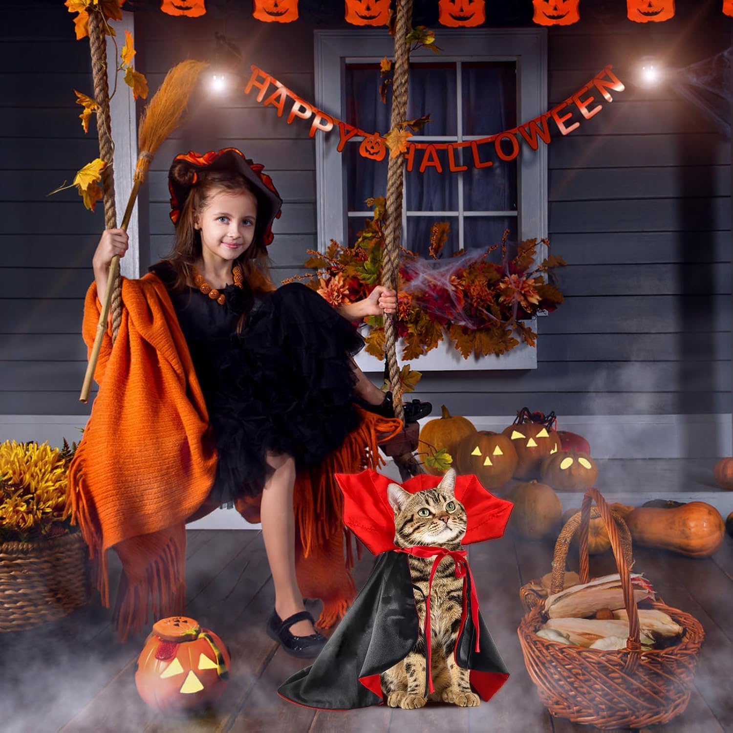 2PC Cat Halloween Costumes,Pet Costume with Cat Vampire Cloak and Bat Mask image 4
