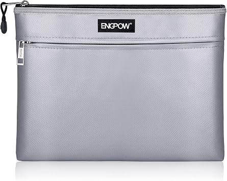 ENGPOW Fireproof Document Bags,Non-Itchy Fireproof Money Bag,13.4"x 10.2" Two Pockets Fireproof Safe Pouch File Storage for A4 Document Files, Passport, TabletSilver