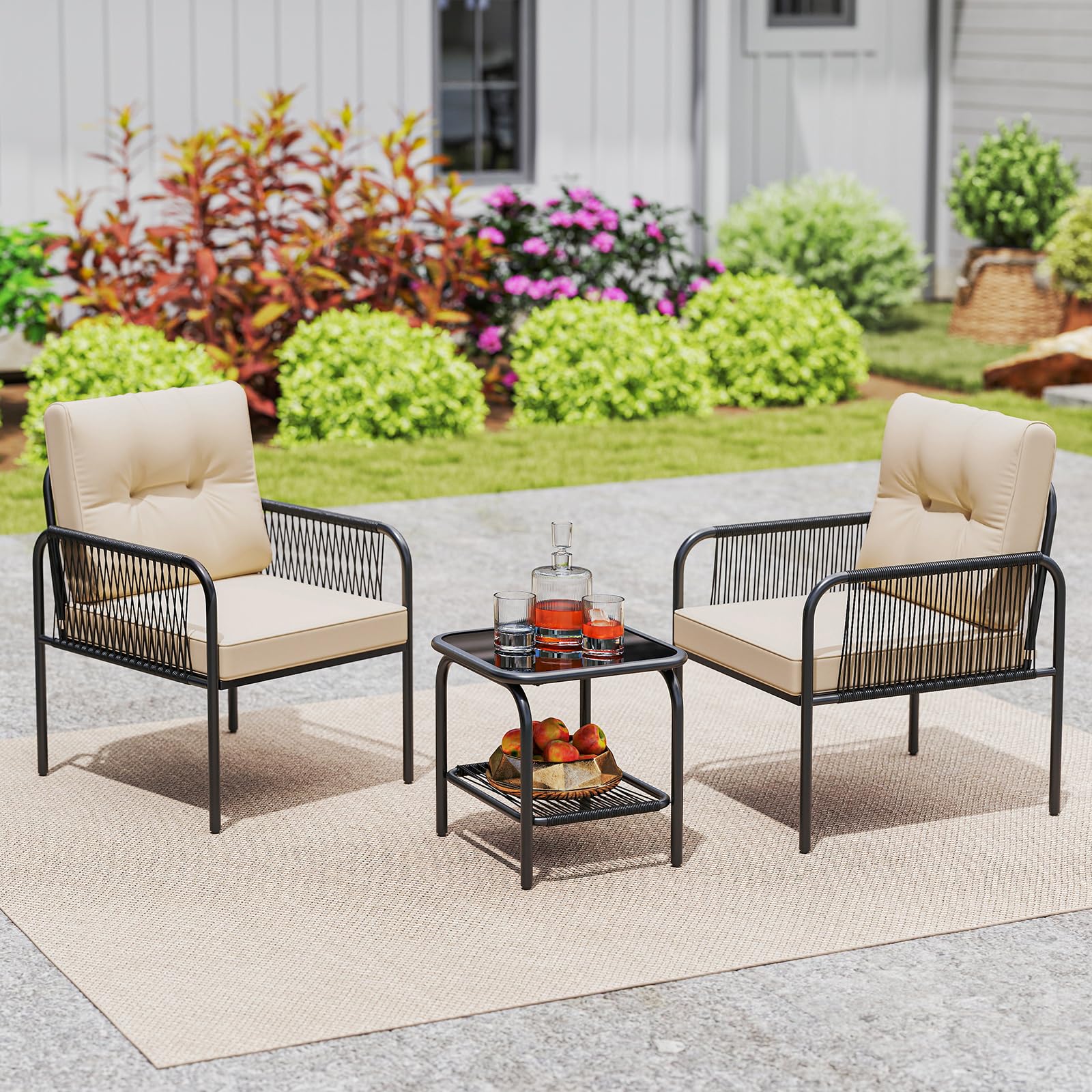 COSTWAY Conjunto Jardin Exterior de Ratan PE 3 Piezas, Mesa de Vidrio Templado, 2 Sillas con Cojines, Mesa y Sillas Muebles Jardin Terraza Balcon Exterior