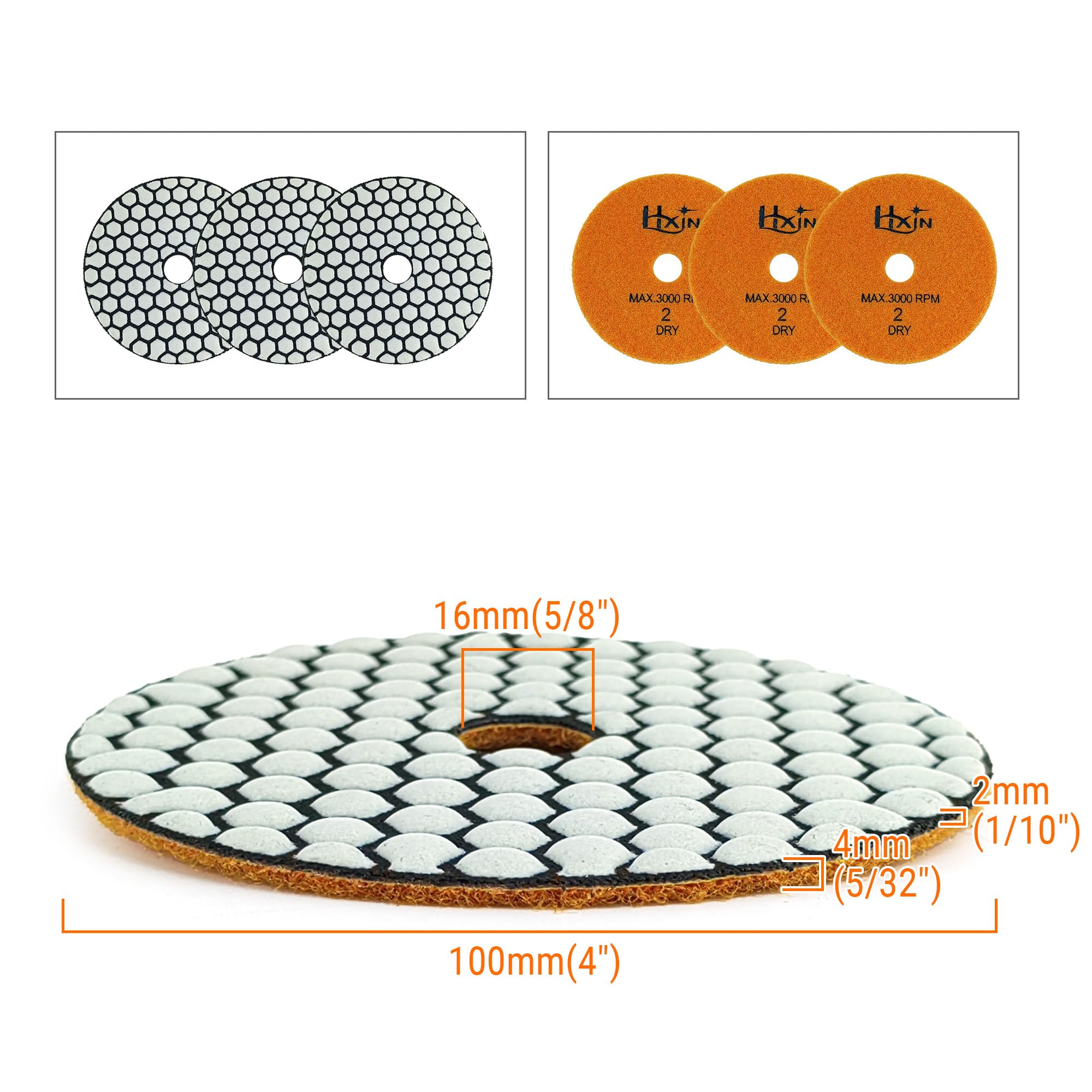 Almohadillas de pulido de diamante de 4 pulgadas, 100 mm, 3 pasos, para pulido en seco en granito, mármol, piedra, hormigón, azulejos, suelos de cerámica, alisado, renovación, marcas de