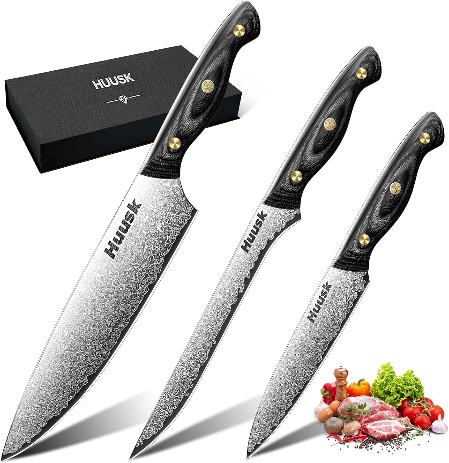 Huusk Damascus Chef Knife,8 inch with Ergonomic Wooden Handle for Vegetable Fruit and Meat Cutting, Kitchen Utility Knife, Boning Knife 8 inch, VG10 Brisket Trimming for Meat Cutting