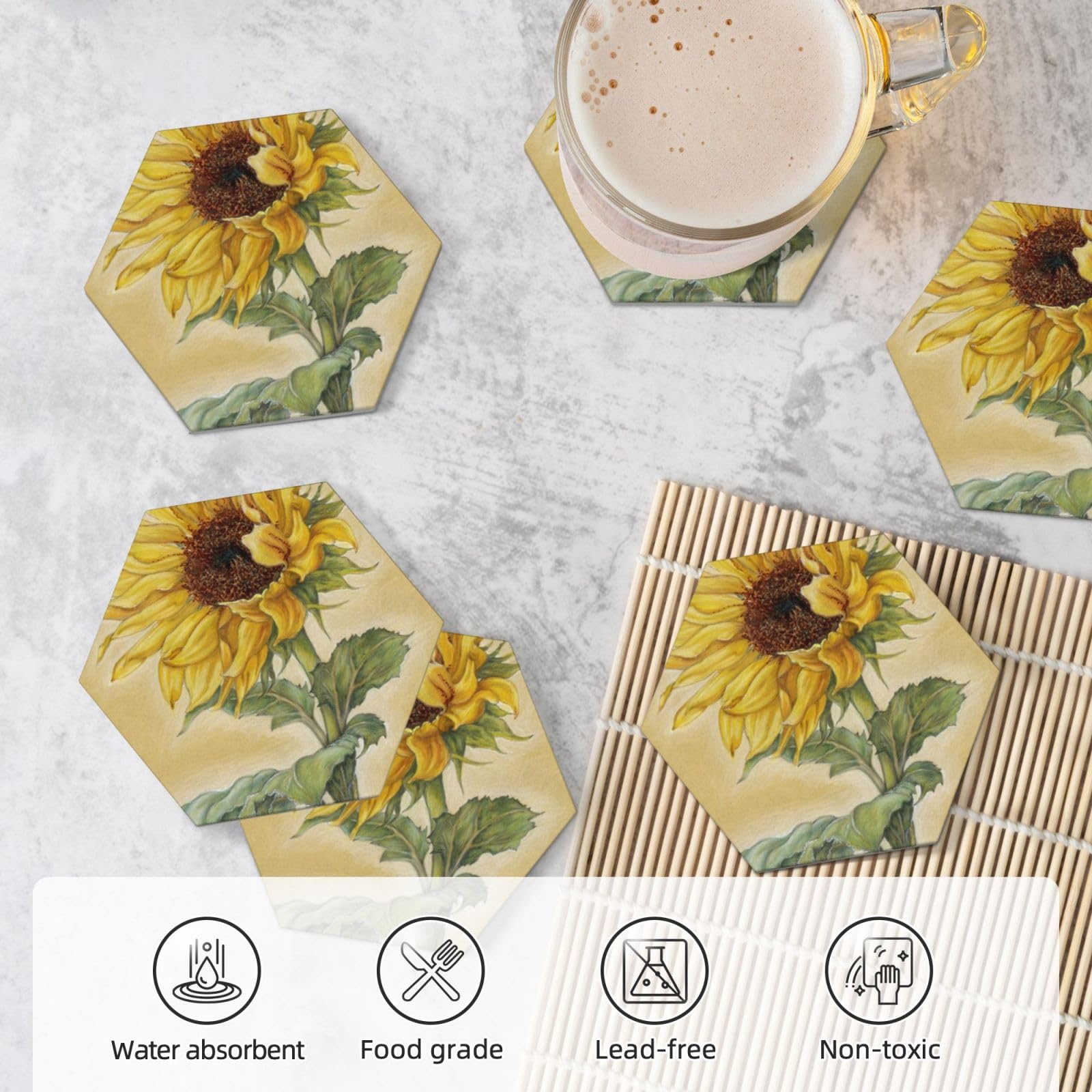 Set di 6 sottobicchieri decorativi in ceramica con stampa di girasole