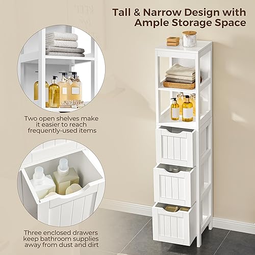 Miniatura 6 de Yaheetech Armario alto para baño, gabinete de almacenamiento delgado, gabinete de piso estrecho independiente con 3 cajones y 2 estantes, torre de