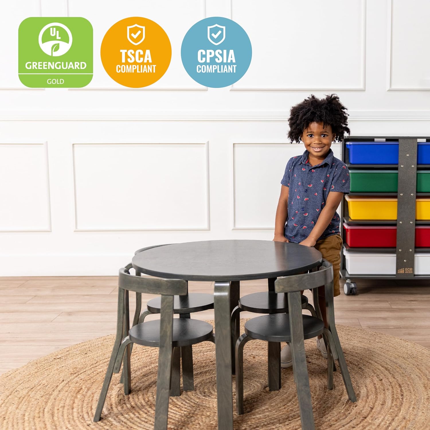 ECR4Kids Bentwood Table and Curved Back Chair Set, Kids Furniture, Grey Wash, 5-Piece