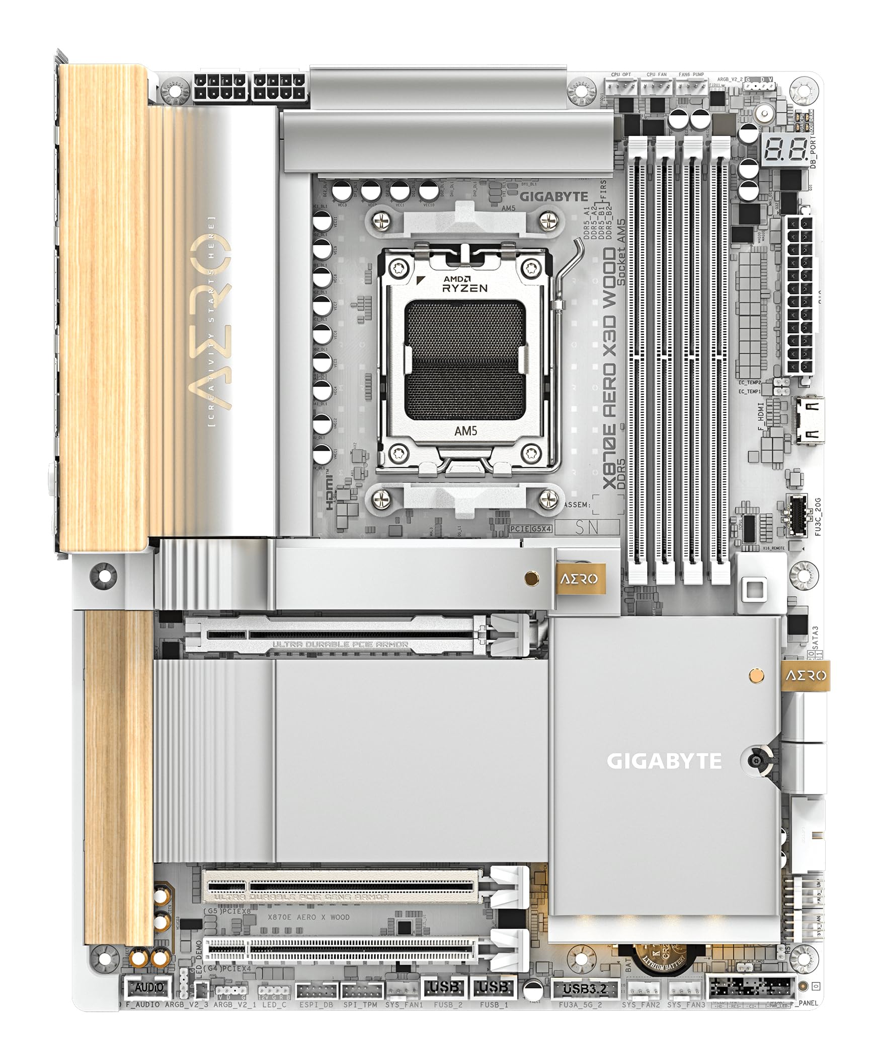 GIGABYTE X870E AERO X3D WOOD Scheda Madre - Supporta CPU AMD Ryzen 9000, VRM digitale a 16+2+2 fasi, fino a 9000Hz DDR5 (O.C.), 2xPCIe 5.0 + 2xPCIe 4.0, Wi-Fi 7, LAN 5GbE, USB 4