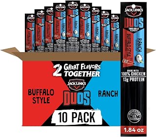Jack Link's DUOs Chicken Jerky Sticks: Frank's RedHot Buffalo & Ranch, 13g Protein, 100% Chicken, 1.84oz 10-Pack