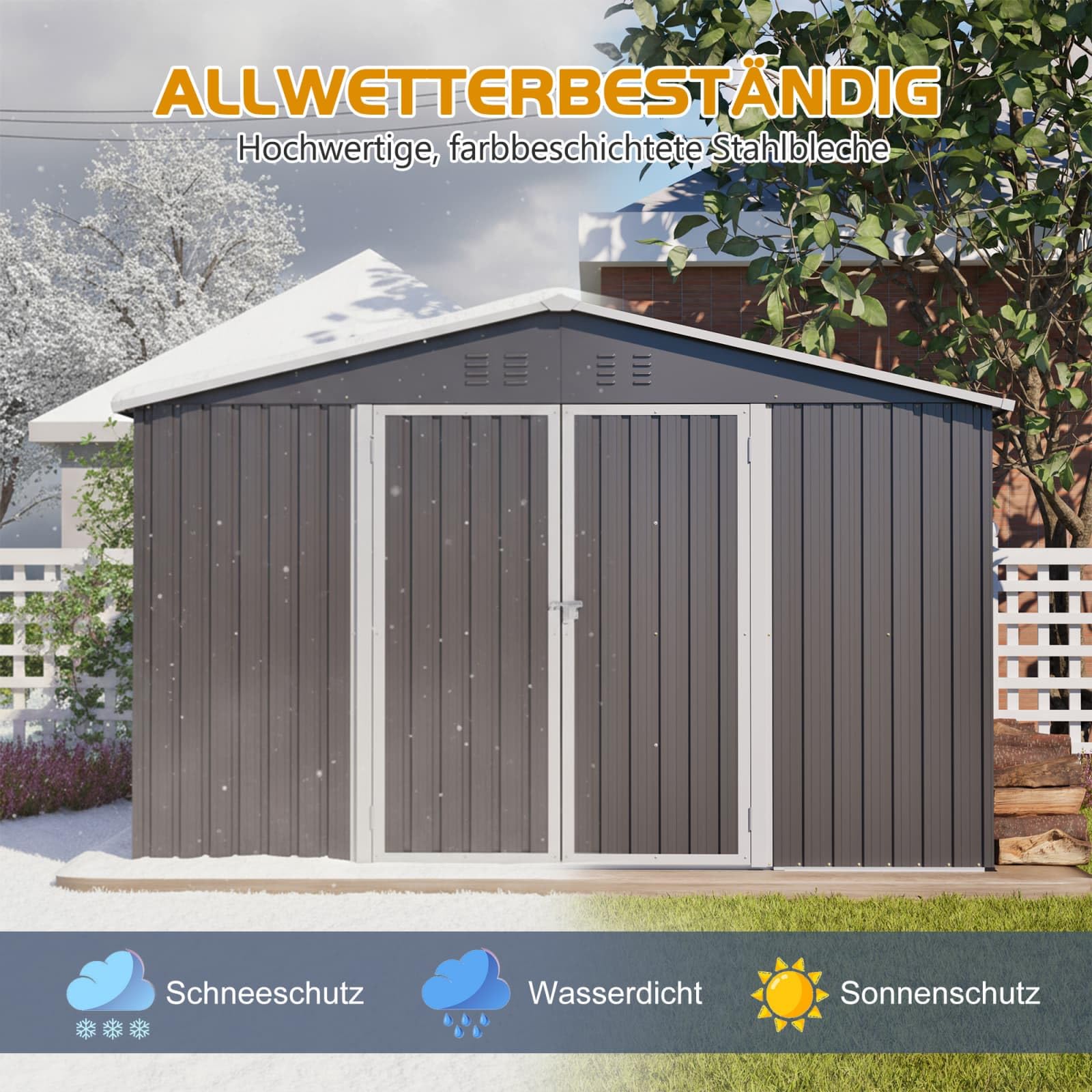 KOMHTOM 10x8 FT Abri de Jardin Métal avec Fondations (Gris-10x8 FT) | Rangement Outils de Jardi, avec Serrure, 4 Aérations, Résistant aux Intempéries, avec Piquets Métalliques